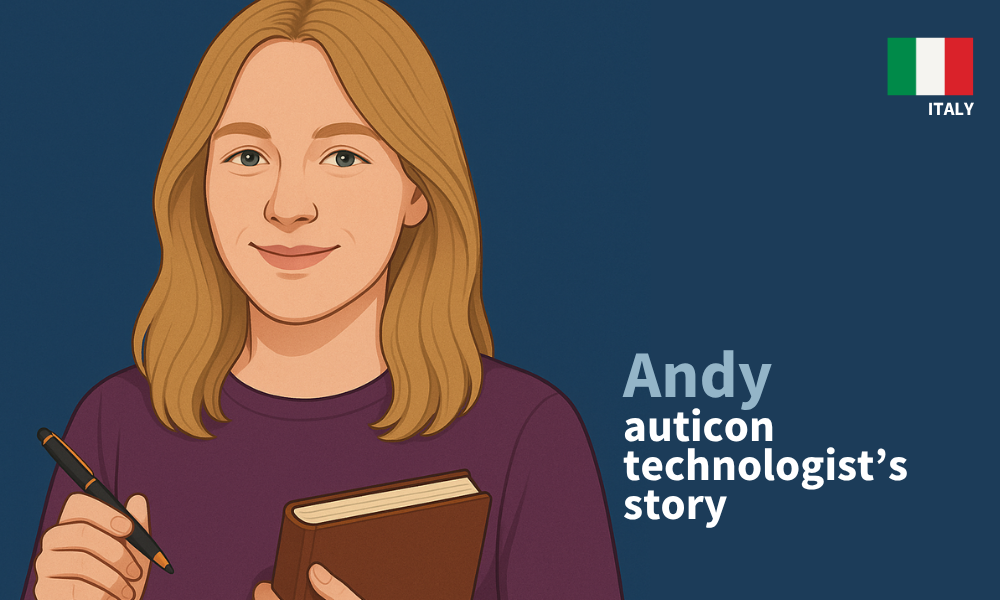 Illustrated portrait of Andy, an auticon technologist from Italy, holding a pen and notebook