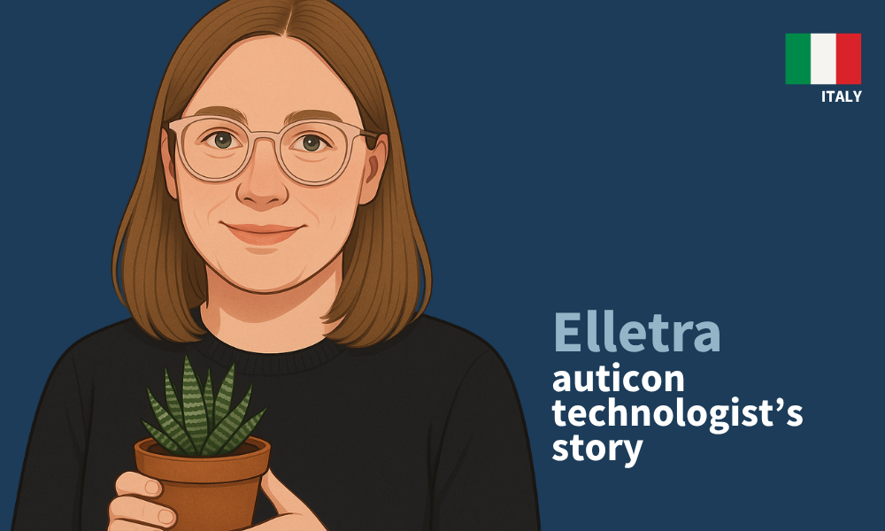 Illustrated portrait of Elletra, an auticon technologist from Italy, wearing glasses and holding a potted succulent plant